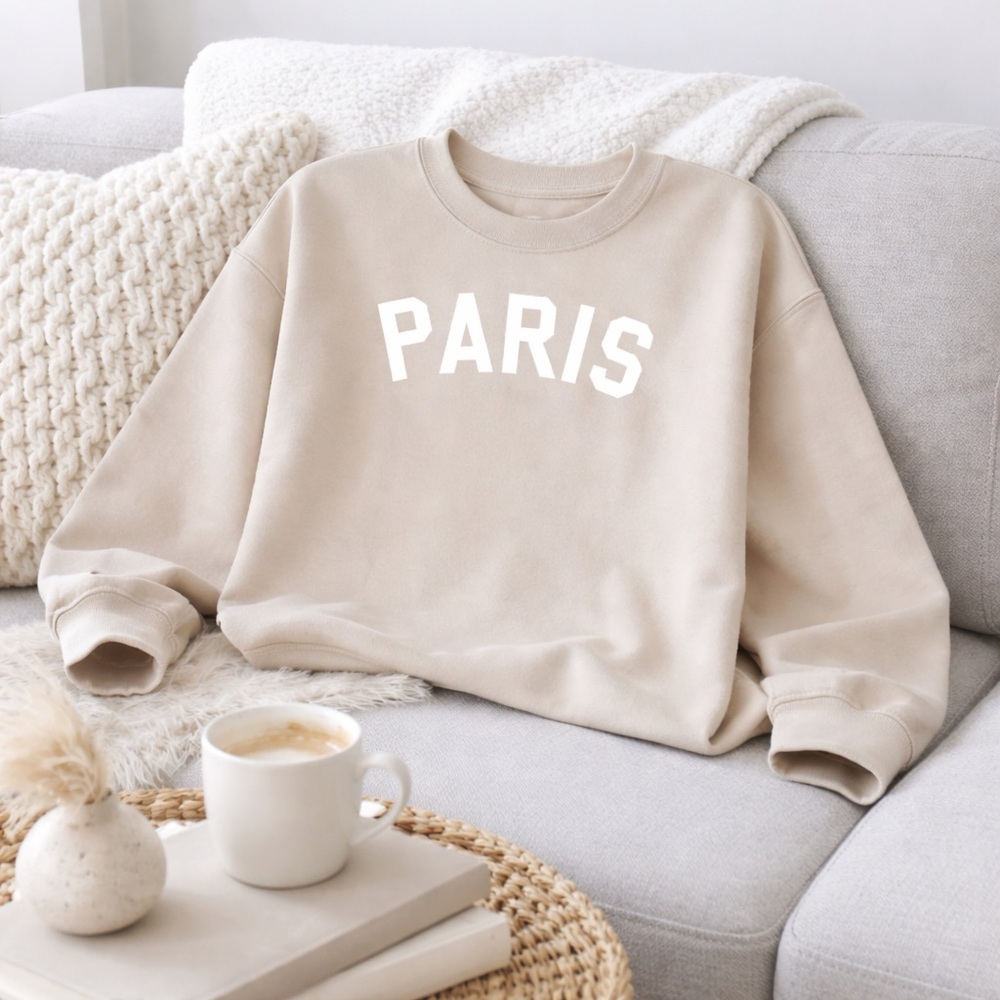 PARIS crew neck sweatshirt. Size Large(Gildan). Unisex. Beige. Brand new. - Picture 2 of 2